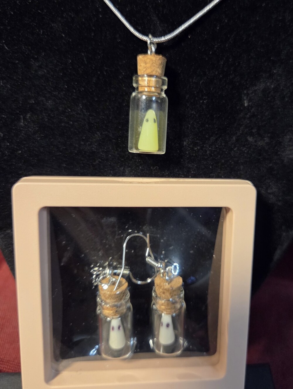 SPOOKY👻 Sterling Silver Glow in the Dark Ghost in a Jar Necklace & Earrings Set
